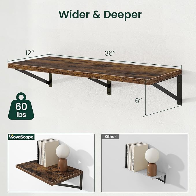 Floating Shelves, 12 Inch Deep Rustic Wood Wall Storage, 36W x 12D Wall Shelves Set of 2, Heavy Duty Metal Brackets, Large In