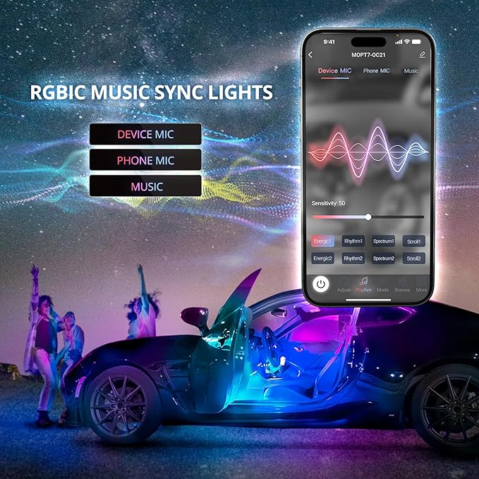 OPT7 Aura DreamColor RGB-IC Car Interior Ambient Light, 6PC Double Row LED Strips, Color Chasing Light Kit w/APP & Remote Control, Universal for Vehicles SUV Trucks Pickups Van