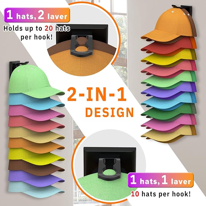 Volnamal Hat Organizer for Baseball Caps, 2 Pack Hold Up to 40 Hats, Hat Rack for Wall Space Saving, Hat Hanger w/Strong Adhe