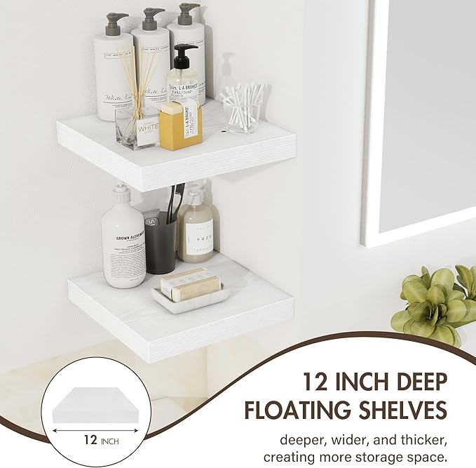 12 Inch Floating Shelves, 12" Deep Floating Shelf Wall Mounted, 12" Wall Shelves, Rustic Deep Bookshelf, Extra Deeper Display