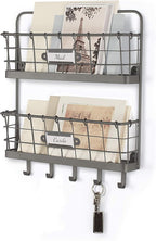 Spectrum Mail and Key Organizer for Wall, Vintage 2-Tier Mail Holder for Wall with 5 Key Hooks, Farmhouse Entryway Key and Ma