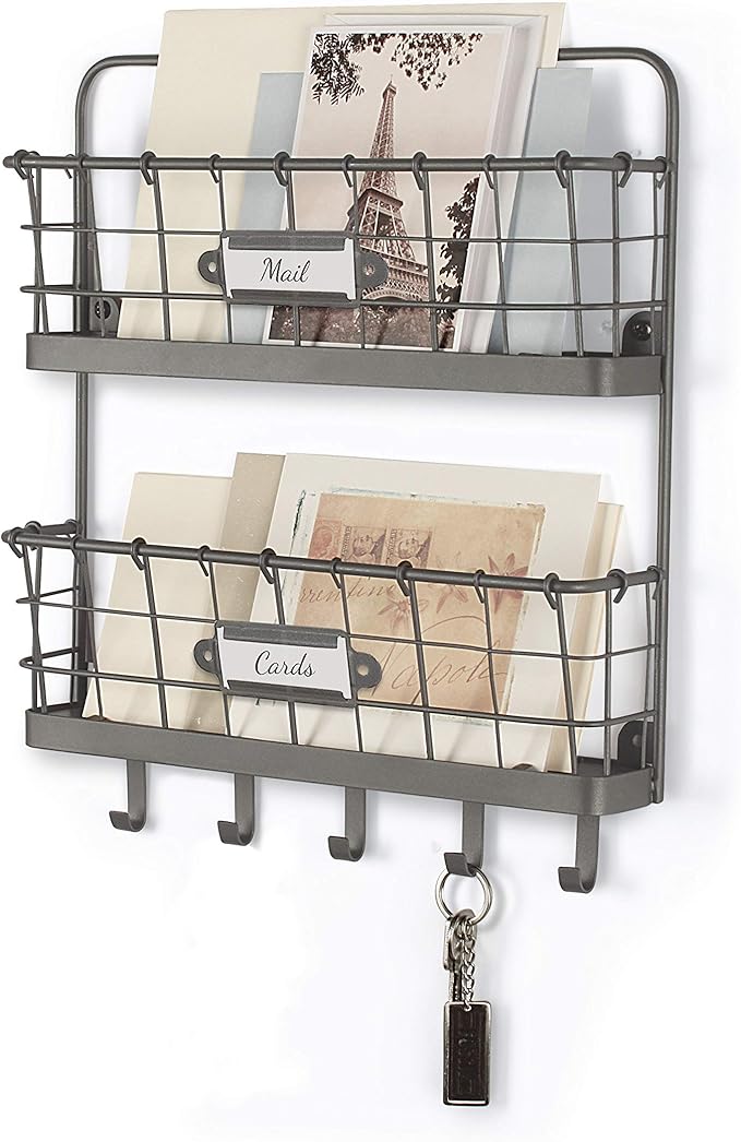 Spectrum Mail and Key Organizer for Wall, Vintage 2-Tier Mail Holder for Wall with 5 Key Hooks, Farmhouse Entryway Key and Ma