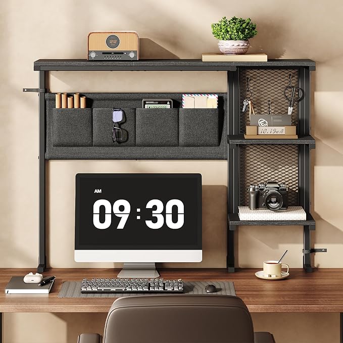 Clamp on Desk Shelf with Pegboard, Above Desk 3-Tier Extender Shelf, Desktop Bookshelf with Hooks, Desktop Organizer for Offi