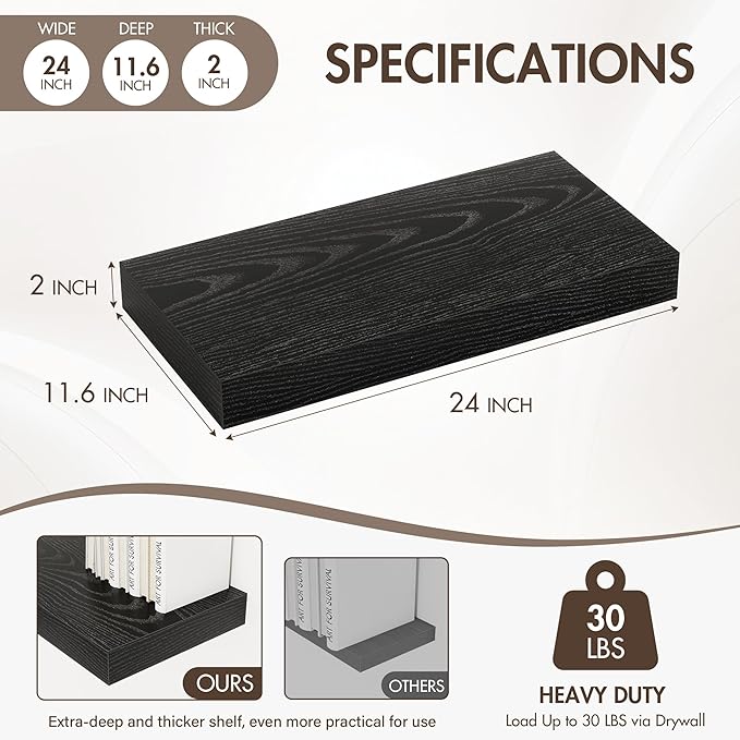 24 Inch Floating Shelves, 12" Deep Floating Shelf Wall Mounted, 24" Wall Shelves, Rustic Deep Bookshelf, Extra Deeper & Thick