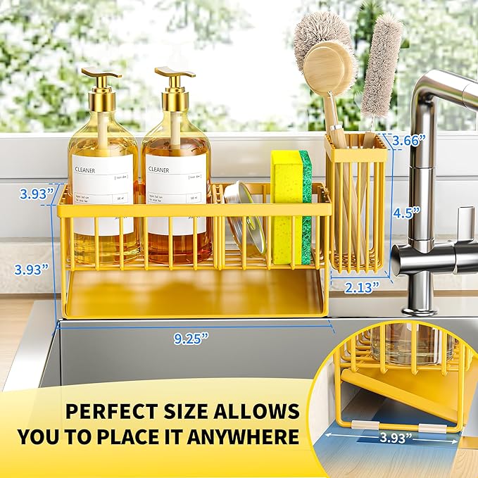 Cisily Lemon Yellow Sink Caddy Organzier with High Brush Holder, Sponge Holder for Sink, 304 Rustproof Stainless, Kitchen Cou