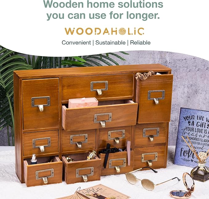 12-Drawer Apothecary Cabinet - Index Card Organizer - Vintage Chest of Drawers - Mahogany Wooden Organizer - Office Desktop D