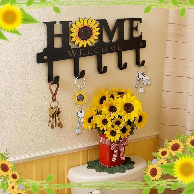 Key Holder Wall Mount Sunflower Metal Key Hooks Organizer Hanger Coat Rack with 5 Hooks Rustic Farmhouse Decorative Welcome H