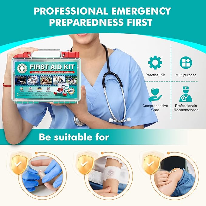 General Medi 295 Pieces Professional First Aid Kit - HardCase First Aid Box - Contains Premium Medical Supplies for Travel, H