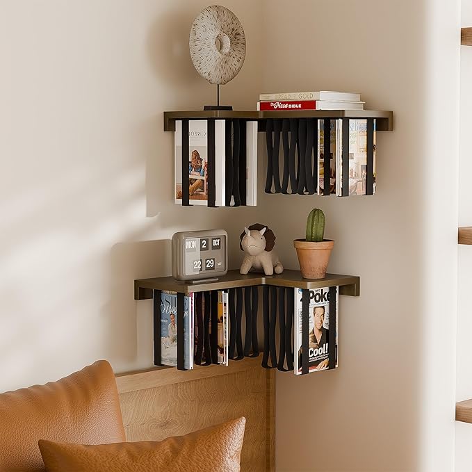 Floating Bookshelves for Wall Set of 2 - Corner Floating Shelves for Books, Rubberwood Wall Mount Bookshelf, Unique Wall Book