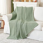 Chunky Cable Knit Throw Blanket Lightweight Light Green 100% Organic Cotton Blanket for Sofa Couch Bed Baby Nursery, Rustic S