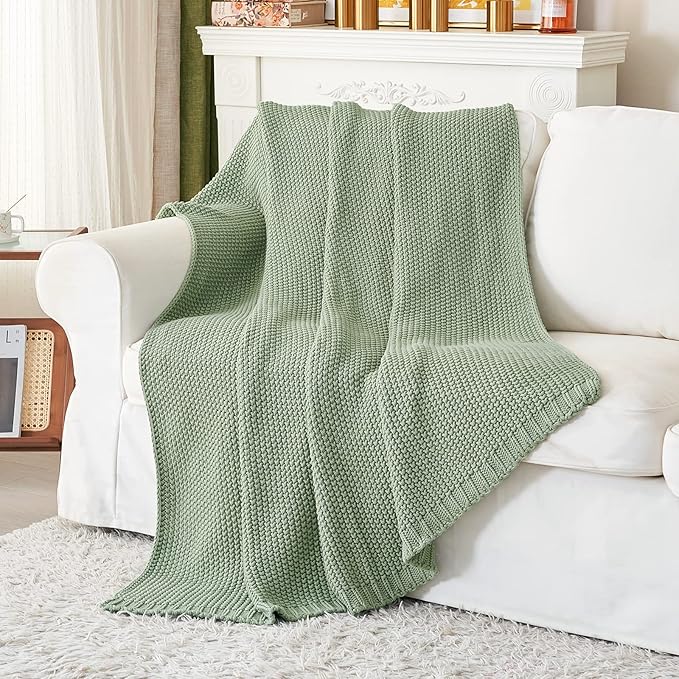 Chunky Cable Knit Throw Blanket Lightweight Light Green 100% Organic Cotton Blanket for Sofa Couch Bed Baby Nursery, Rustic S
