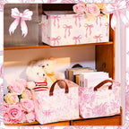 Boao 3 Pcs Pink Bow Storage Bin Coquette Collapsible Large Storage Baskets for Gifts Empty Candy Holiday Decor Canvas Laundry