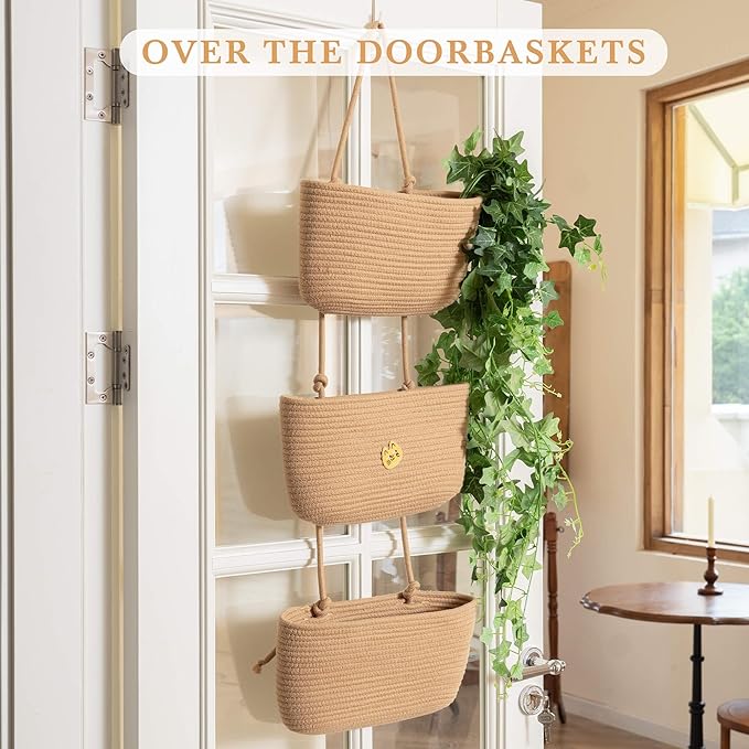 TeoKJ Over the Door Hanging Basket, 3-Tier Woven Cotton Wall-Mounted Storage Organizer Bag Decorative Hanging Nursery Baskets