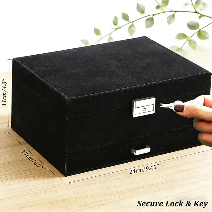 QBestry Jewelry Box for Women with Drawer, 3-Layer Large Jewelry Organizer with Lock & Key, 8 Necklace Hooks & 56 Earring Hol