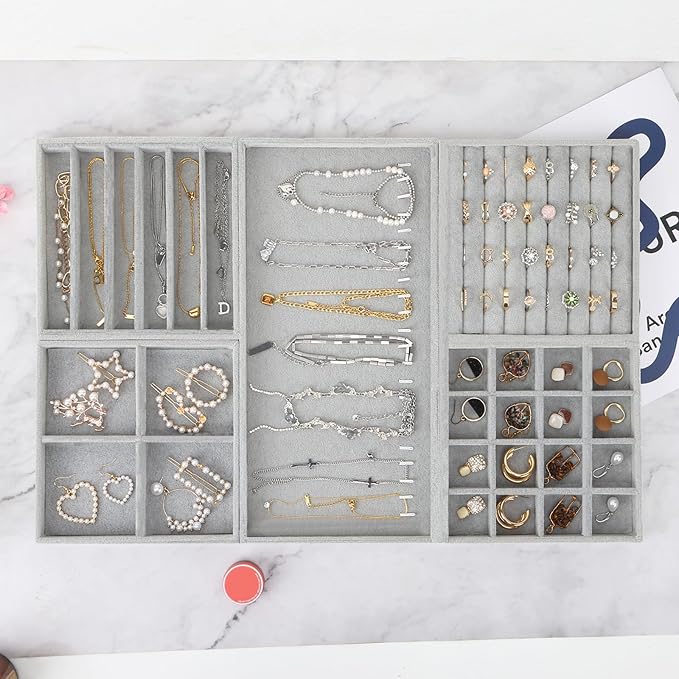 Fixwal Jewelry Organizers and Storage, 14in Stackable Jewelry Drawer Organizer, Set of 5 Jewelry Trays with Removable Divider