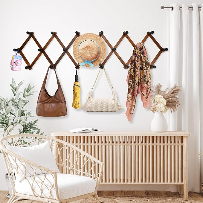 Accordion Wall Hanger, Wood Expandable Wall Mounted Hanger with 19 Hooks for Coats,Hats,Coffee Mug Ect,19Pegs, Walnut Color,R
