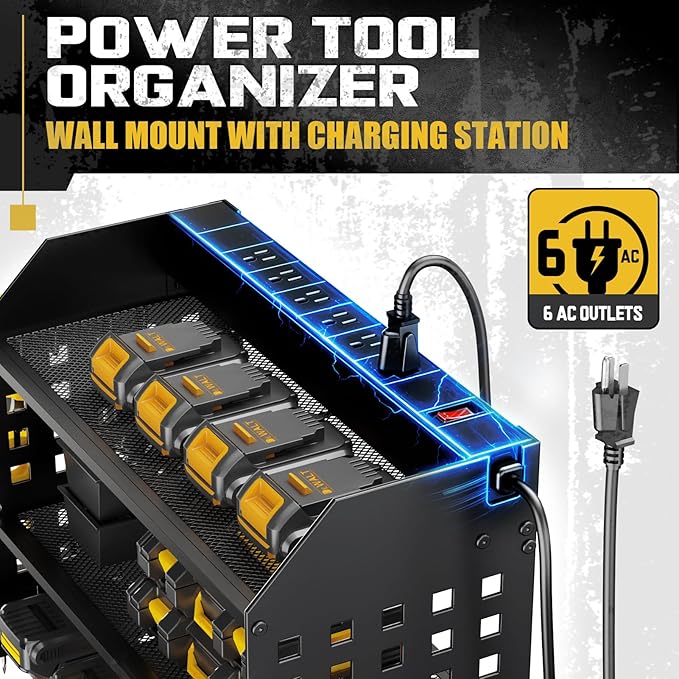 SPACECARE Power Tool Organizer with Charging Station 6 Outlets, 3-Layer Heavy Duty Wall Mount Drill Storage Rack, Cordless To