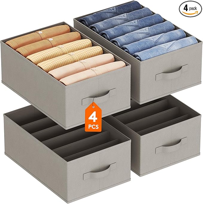 Lifewit 4 Pack Clothes Organizer, 6 Grids Closet Jean Storage Bins with Handles and Support Boards, Foldable Drawer Organizer