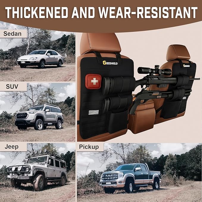 Truck Gun Rack（Set of 2）, Seat Back Gun Rack with Adjustable Straps, 600D Oxford Cloth, Universal Rifle Holder, PVC Coated, Secure Storage Pockets for Hunting Gear, Easy to Install Vehicle Gun Rack