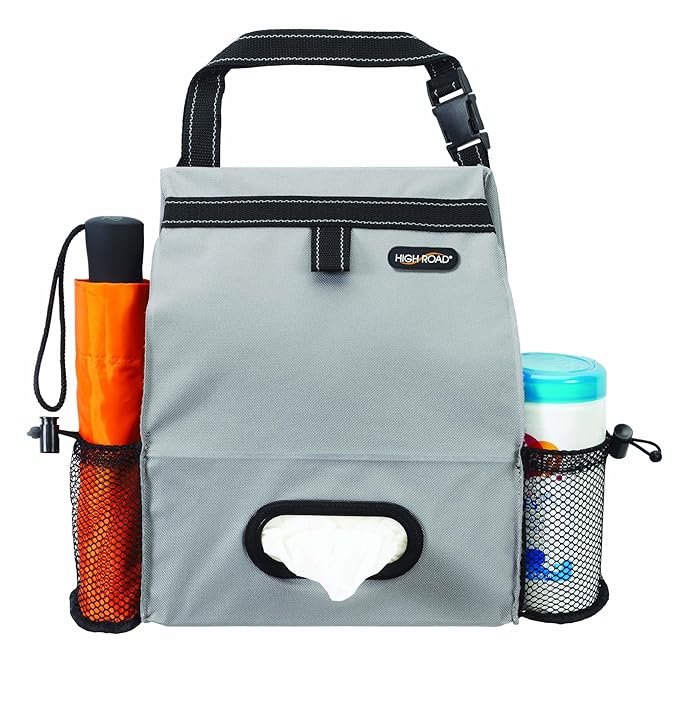High Road Car Organizer with Car Trash Bin and Tissue Holder - Holds Full Size Tissue Box, Bottles and Wipe Containers - 2 Gal Leakproof Covered Trash Can with Push-Close Lid