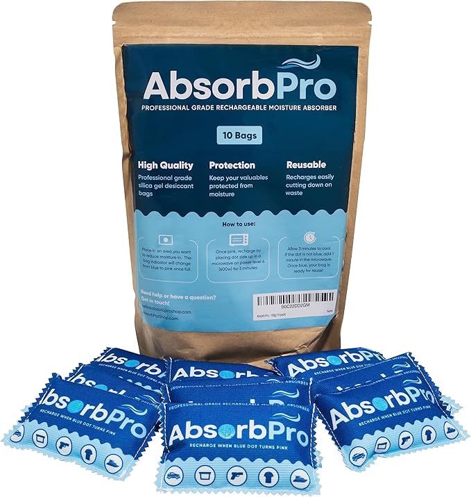 Rechargeable Dehumidifier Bag 10-Pack - 100g Reusable Moisture Absorbers - Silica Gel Packets for Bins, Totes, Gun Safe,