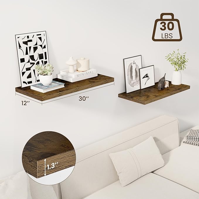 Dreamland 30" Floating Shelves for Wall, 12" Deep Slim Rustic Brown Floating Shelves, Wall-Mounted Shelves for Bedroom, Livin