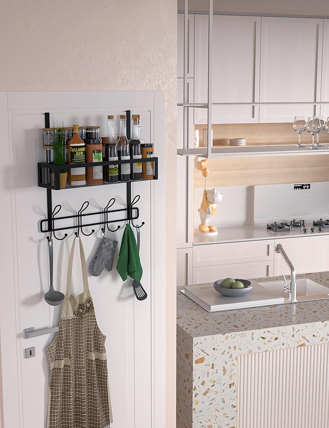 Over The Door Hooks Organizer Storage - Over The Door Hanger for Coat Rack, Storage with 12 Hook & 2 Mesh Baskets, for Bathro