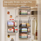 Sonyabecca 3-Tier Extra Large Closet Hanging Organizer with Dividers, Clothes Hanging Shelves with 2 Hanging Hooks & 5 S-Hook