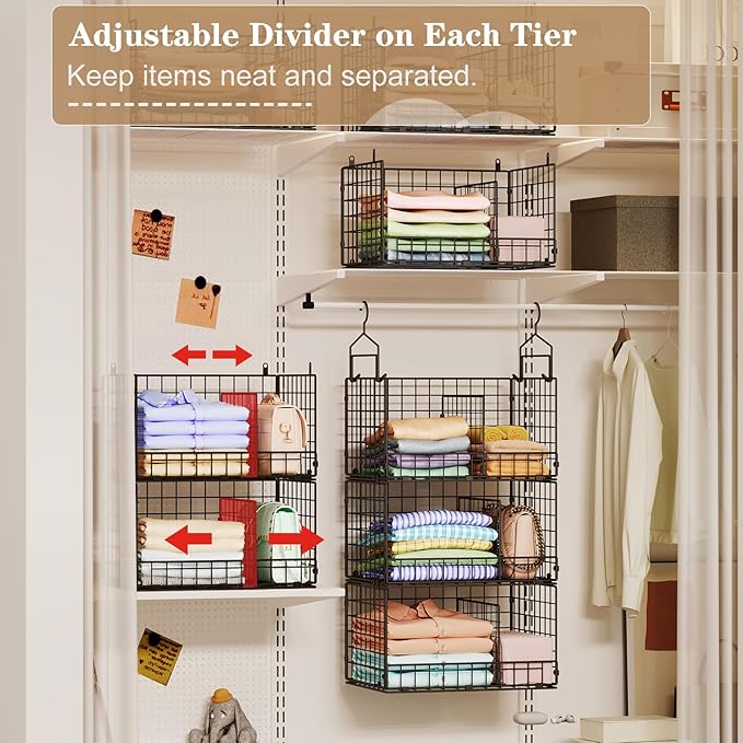 Sonyabecca 3-Tier Extra Large Closet Hanging Organizer with Dividers, Clothes Hanging Shelves with 2 Hanging Hooks & 5 S-Hook