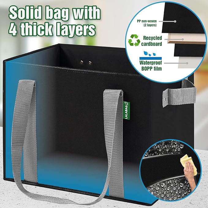 Reusable Grocery Bags (3 Pack ) - Heavy Duty Eco Tote Bags with Box Shape to Stand Up, Hold Up to 65 Lbs - Stay Open & Fold Flat - Foldable Reusable Shopping Bags with Long Handles & Hard Bottom