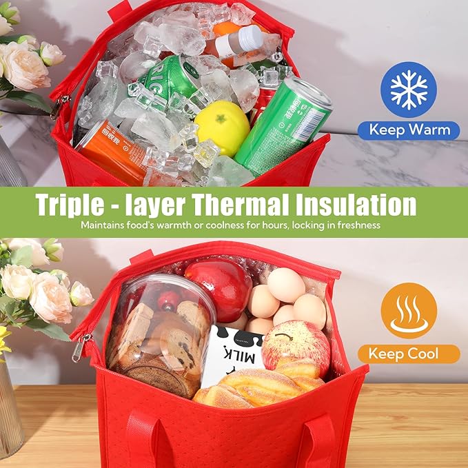 20 Pcs Insulated Shopping Bags for Groceries with Zipper & Handles, Large Foldable Cooler Bags for Hot & Cold Food