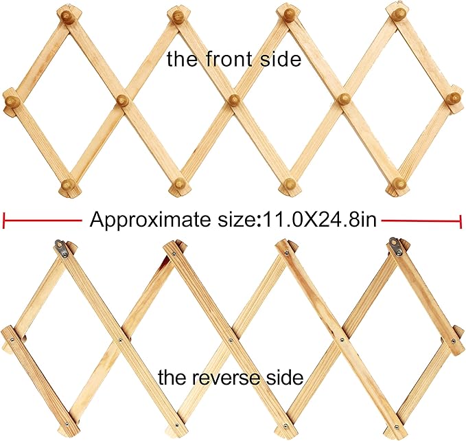 AMAPON Accordion Style Expandable Wall Wooden Coat Rack 13 Hooks (Pegs) Hang Hats Jackets Coffee Mug Purses Necklaces Towels 
