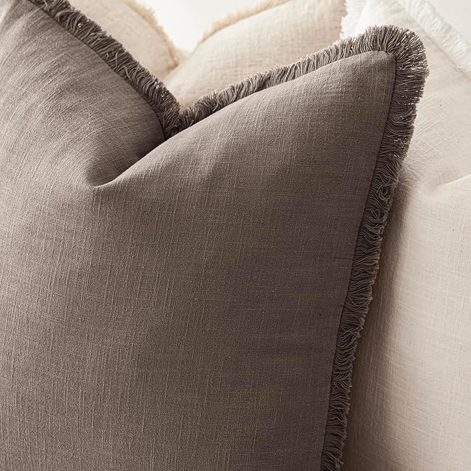 Foindtower Set of 2 Decorative Linen Fringe Throw Pillow Covers Cozy Farmhouse Cushion Cover with Tassels Accent Pillowcase f