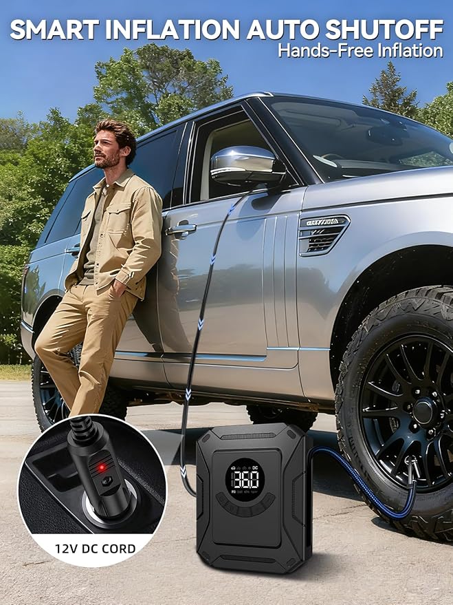 AIRSURE Tire Inflator Portable Air Compressor, 150PSI Fast Inflation Electric Air Pump with Auto Shut-Off & LED Display, 12V DC Air Pump for Car Tire Inflation