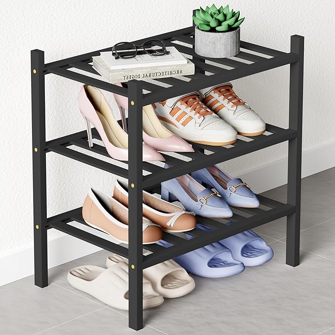 Smiry Bamboo Shoe Rack for Closet, 3 Tier Small Wooden Stackable Shoe Organizer, Free Standing Shoes Storage Shelf for Entryw