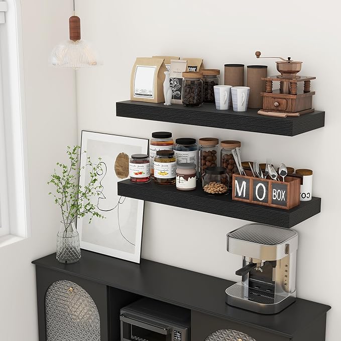 Deep Floating Shelves | 36 Inch Black Floating Shelves Set of 2 | 12 Inch Deep Rustic Wood Shelves for Wall | 36" W x 12" D B