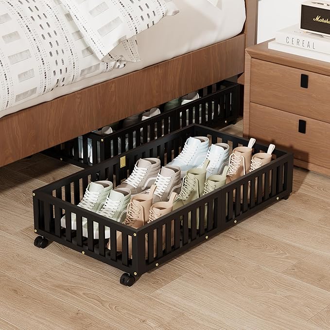 Bamboo Under Bed Storage with Wheels,Rolling Underbed Shoe Organizer Box for Shoes,Blankets,Toys,Clothes Container Space-Savi