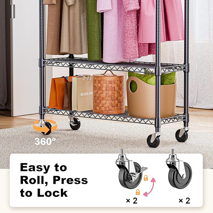 M MZG Heavy Duty Rolling Garment Rack 3 Tiers Adjustable Wire Shelving Clothes Rack with 1 Rods and Side Hooks,Storage Closet