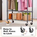 M MZG Heavy Duty Rolling Garment Rack 3 Tiers Adjustable Wire Shelving Clothes Rack with 1 Rods and Side Hooks,Storage Closet