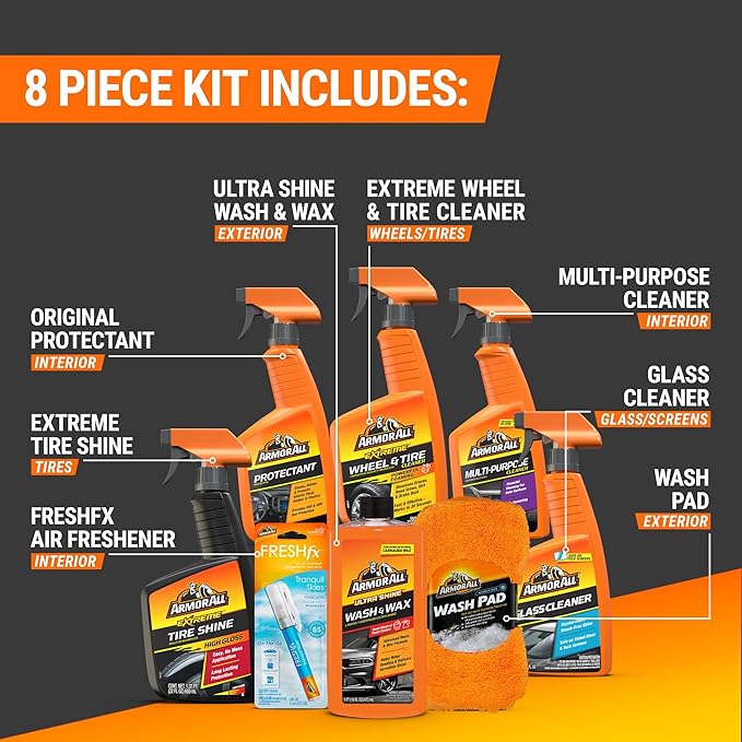 Armor All Premier Car Care Kit, Includes Car Wax & Wash Kit, Glass Cleaner, Car Air Freshener, Tire & Wheel Cleaner (8 Piece 