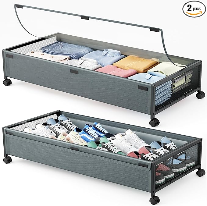 Under Bed Storage Containers with Wheels 2 Pack Underbed Shoe Storage Bedroom Storage Bins Organizer Large Capacity Under Bed