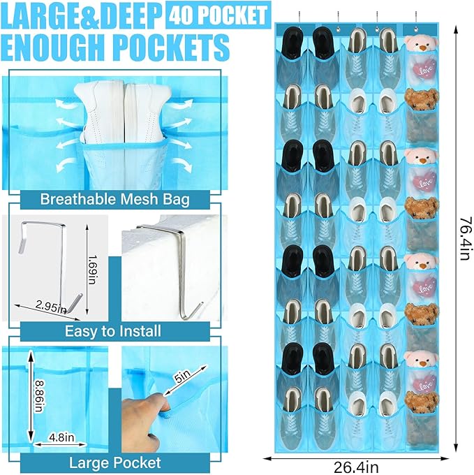 Windyun 40 over the Door Shoe Organizer Large Mesh Pocket Hanging Shoe Rack for Closet Sky Blue Nonslip Behind Door Storage H