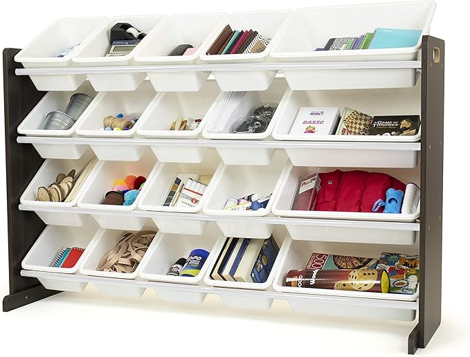 Humble Crew Extra-Large Toy Organizer with 20 Plastic Bins – White/Espresso Storage Rack with 4-Tier Shelves, Anti-Tip Safety