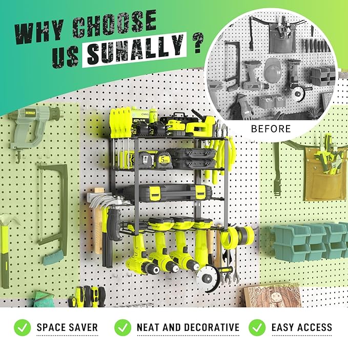 SUNALLY Power Tool Organizer, 4 Drill Holder Wall Mount, Garage Tool Organizer and Storage with Screwdriver Holder, Garage Or