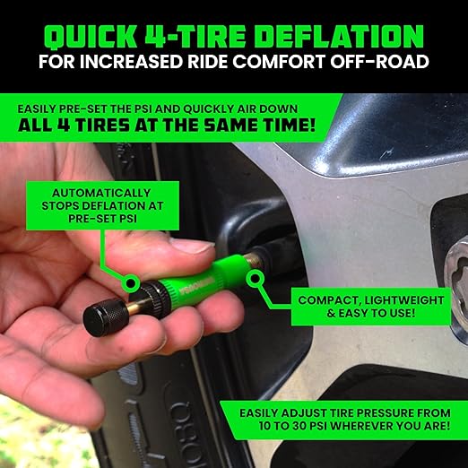 Rhino USA Adjustable Tire Deflator Kit (10-30 PSI) Ultimate Screw-on Automatic Tire Deflators for Offroad - Quick & Easy Air Down System for The Trails - Best Jeep Off Road Accessories (4-Pack) -Green