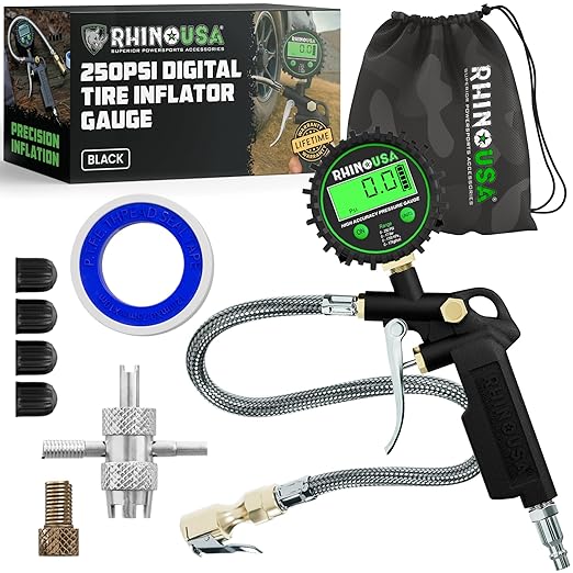 Rhino USA Digital Tire Pressure Gauge with Inflator (250 PSI) Professional Air Chuck & Air Compressor Attachments - High Pressure Tire Gauge with 0.1 Display Resolution - Best Car Accessories (1-Pack)
