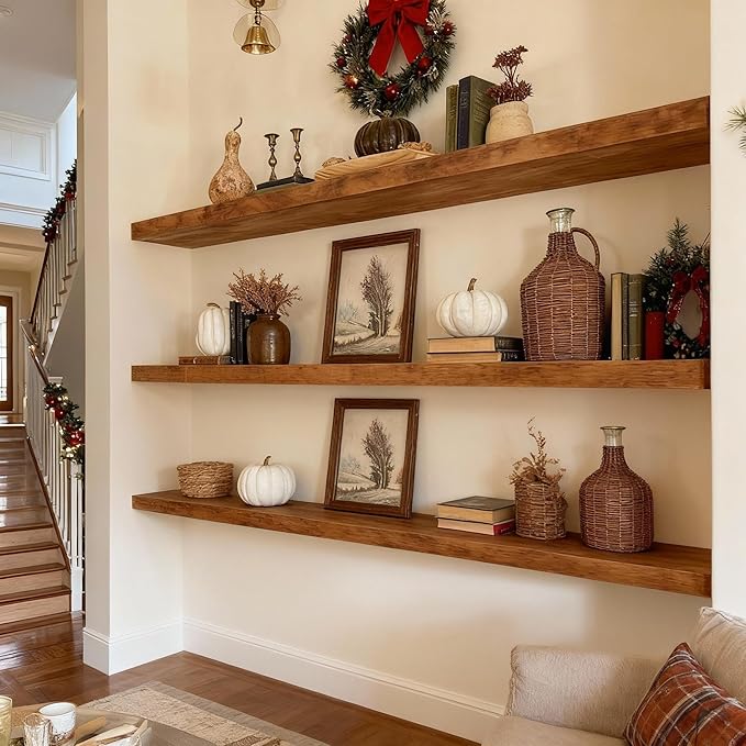 ROGMARS 48Inches Long Walnut Floating Shelves,Rustic Solid Wood Farmhouse Wall Shelves with Invisible Brackets for Bathroom, 