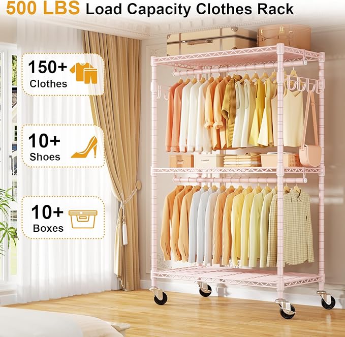 ULIFHOME P1 Rolling Closets with Wheels and Shelves, Portable Closet Wardrobe for Clothes Hanging, Pink Clothing Storage and 