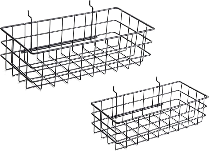 Pegboard Basket Set of 2, Medium + Small Size Basket, Black - Hooks to Any Peg Board - Organize Tools, Workbench, Accessories