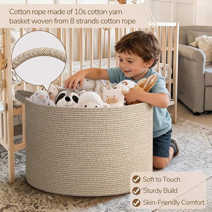 INDRESSME 115L Extra Large Woven Blanket Baskets for Storage, Toy Organizers and Storage Rope Baskets for Boys Girls Kids，Bur